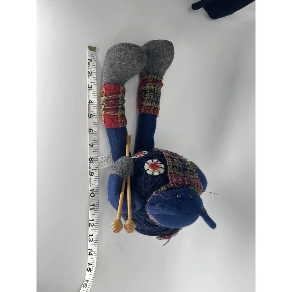 Charming Group Blue Felt Knitting Cat Figurine with Wooden Needles 15 Inch
